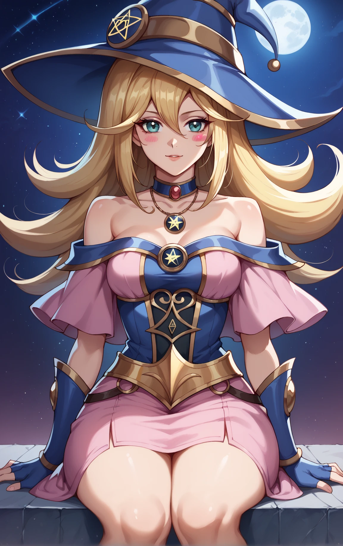 The perfect masterpiece,Highest quality,Perfect artwork,8K,Upper Body Lens,front portrait,Delicate face,Face Close-up,Watching the audience, Wizard apprentice girl,(pointy royal blue witch hat:1.3),(white star print on hat:0.8),Magical transparent eyes,(dirty blonde hair:1.2),(young:1.4),(small breasts:1.4),flat chest,large eyes,happy,warm smile,slender,slim build,thin waist,(💖:1.3),Digital Art,colorful illustration,minimalist style,anime cartoon style,fantasy city background,elf ears,fantasy academic conservative clothing,
