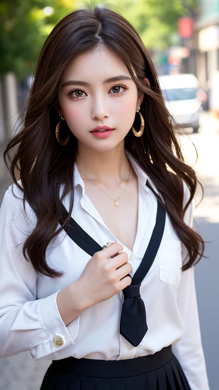 height: 170cm:1.5, 27 years old、Maintain this face and pose image:1.5、(big, length, double eyelid)、Pale face and brown eyes:1.3、Very thin Pale face and brown eyes:1.3, {RAW shooting、, Highest quality}, {{masterpiece}}, {Very delicate and beautiful}, Excellent light and shadow, Highly detailed wallpaper, Sunny and bright sunlight, whole body, whole body、 girl, , blush:1.2、Strong sunlight, Delicate hair,Realistic skin texture, B cup breasts、Fresh, like々Fresh skin, Broad shoulders:1.4, ((A strong light shines on your face:1.5)), :1.5, necklace、ring、Earrings、Toothy smile:1,5、smile:1.5, Ray Tracing, Sexy and seductive gestures、white long sleeve button up blouse_brown pleated mini skirt、gold necklace＿Large earrings、Super long brown hair,Hair with loose waves inside、Hair reaching down to the waist、full figure supermodel standing, entire body in frame、Place your left hand gently on your chin，look down at the viewer,from belowFrom an oblique angle above、walking by the ocean at sunrise