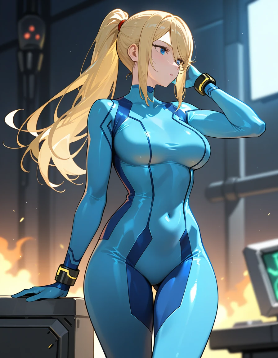 samus aran, ponytail, hair tie, blue gloves, ((blue bodysuit)), high heels (masterpiece, best quality:1.4), (modern days), (cowboy shot), 1girl, solo, pov, stunning girlfriend, (standing:1.1), elegant face, beautiful face, highly detailed face, highly detailed skin, medium breast, smug smile, looking at viewer,16k hdr, curvy, crossed arms, wide hips, 25 year old woman, (Background: Indoors, interior of a room with futuristic technology in the background, cyberpunk themed)