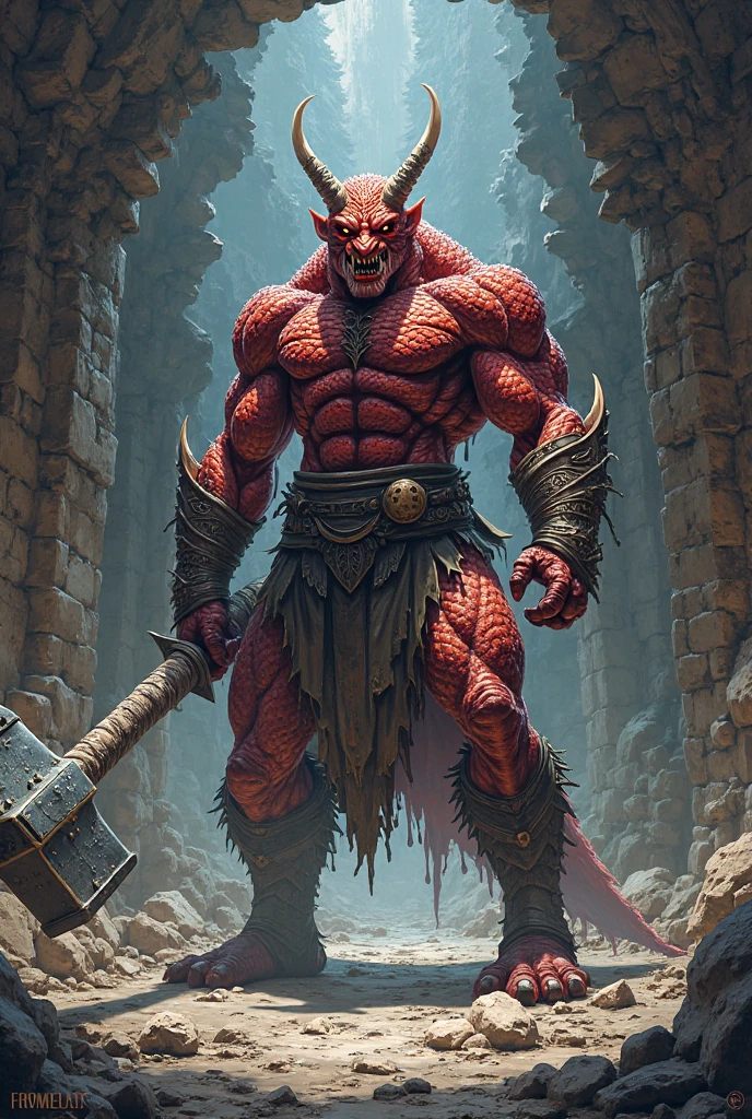 deformed chobi character, finest image, (8k, RAW photo, realistic), a devil emerges from a stain on the stone wall of a castle, dark fantasy