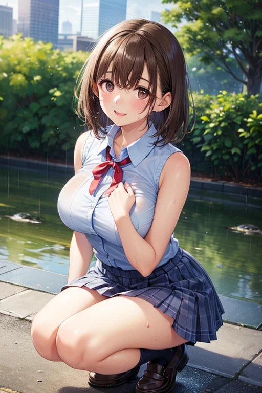 Navel, Gal, Blushing, Invincible Smile, Spooky Smile, Erection, (Brown Skin:1.2), Big Tits, Wet Teka, Photography, Best Quality, Masterpiece: 1.2, (Realistic, Photorealistic: 1.37), Fine lashes,, Areola Look, Panties, Wet Uniform, Schoolgirl, Dark blue pleated skirt, Brown skin, Summer clothes, Wet shirt, Naked