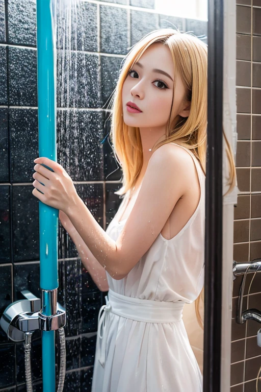 (16K, super detail, super delicate image quality, high resolution, ultra-realistic, RAW), full body depiction, 1 girl, big eyes, clear blue eyes, super small breasts, long and thin legs, wide open legs, in the bathroom, right hand is peace sign, super close-up, tiny wet see-through T-shirt, areola can be seen through, breast tip is hard and long protruding, strong thinness bite, chest wide open, Shiny blonde hair, soaked all over, shiny white skin, grinning eyes, big smile, cute tongue sticking out