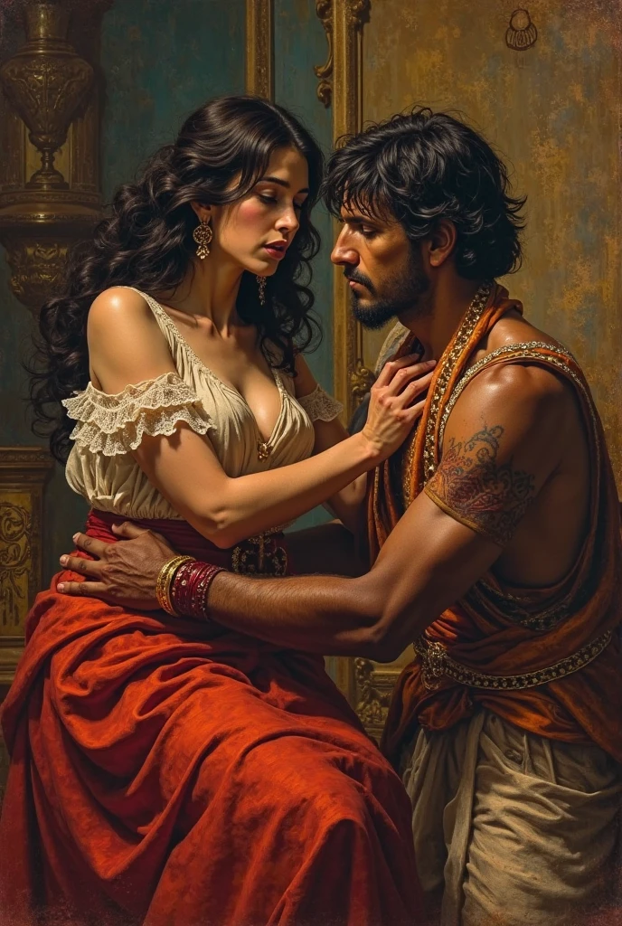 A muscular indian queen breastfeeding a beggar man, he lays on her lap, her breasts are open, she is crying, breasts milk