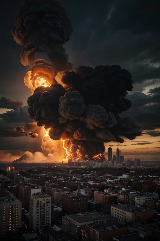 a city on fire, tall buildings on fire, hellish landscape, bright explosions, smoke, large smoke,hell,
