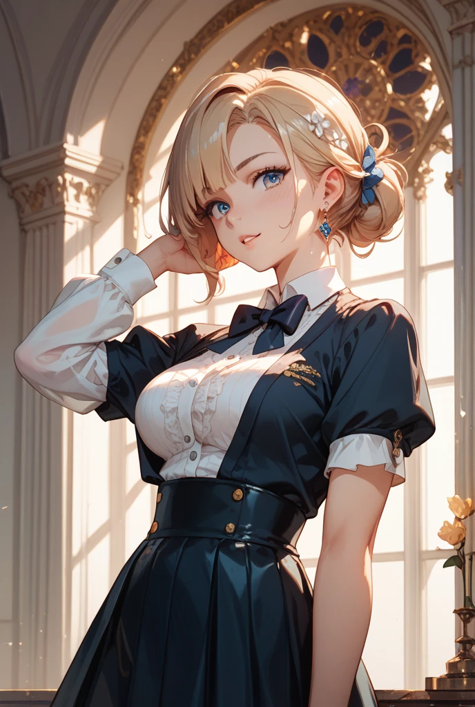 Browsing Caution:1.4, 8k, expensiveest quality, masterpiece, Vibrant, Real person, Unity 8k による壁紙, School classroom、Sit at a desk、Sit with your legs apart、(1 girl) , Beautiful Eyes, (Delicate face) , Perfect detail, (Best lighting) , (超Complexdetailed),、(Shooting from below:1.5)、Peeking out from under the skirt、Cowboy Shot、{Low Angle:1.4}、Showing panties、Laughter、Smiling girl、expensive , {Navy Blue Blazer:1.2}、{White shirt}、{Yellow ribbon}、{Grey pleated skirt}、((Small breasts:1.2))、Wearing a proper uniform、(1 girl),(Beautiful Eyes、detailedに描かれた、Look at the detailasterpieceサイドライト、masterpiece、expensiveest quality、detailed、High resolution illustrations),Delicate makeup, (close:1.2)、throw、Soft focus ground bokeh、Turn to me and smile,black eye,Half-up hairstyle with short bangs((blonde)))、Curly Hair,short hair, ((Low twin towel:1.3), (Short pigtails:1.3), 非常にdetailedな, Complex, Tabletop, Small Ass、thin texpensives