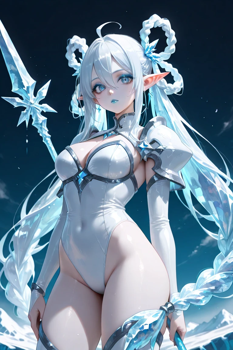 (absurdres, best high quality image, carefuly detailed features and textures, very detailed image, solo character alone, full character view): {{(1character: 14 years old half-elf princess ice girl), (1,52 body height, pale skin, pure white medium straight hair, blue eyes with white pupils, short pointy ears, light blue lips, white eyebrows,  big breasts, nice body, innocent fase, shy smile, shy standing pose), (pale blue one-piece swimsuit), (snowy plaza)}}