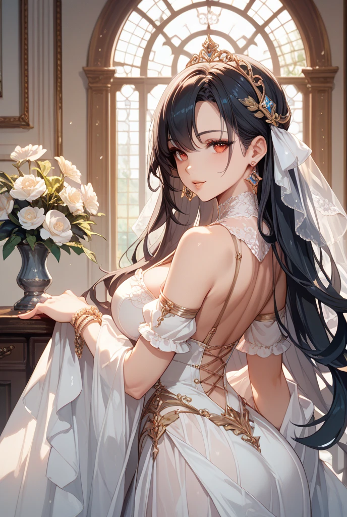 Anime- (masterpiece), Highest quality, Seductive eyes, Mature Face, Dark blue eyes, Shiny long black hair, Puff Sleep, White long one-piece dress, (((White Veil))), Tall Woman, Long, slender limbs, Mature woman, One girl, Shapely large breasts, Gold cross around neck,calm and gentle smile,
