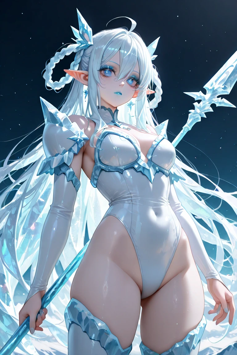 full length view of young smiling female ice demon, wearing heels, with horns, controlling blizzard with her arms and body in dynamic motion, surrounded by blizzard and ice, cold winter themed, hyper detailed, cinematic light, endless melody