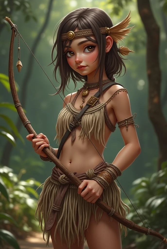 Jungle girl, age 13, adolescent, dark brown long hair, barefoot, realistic, animalistic, scantily dressed, angry, short