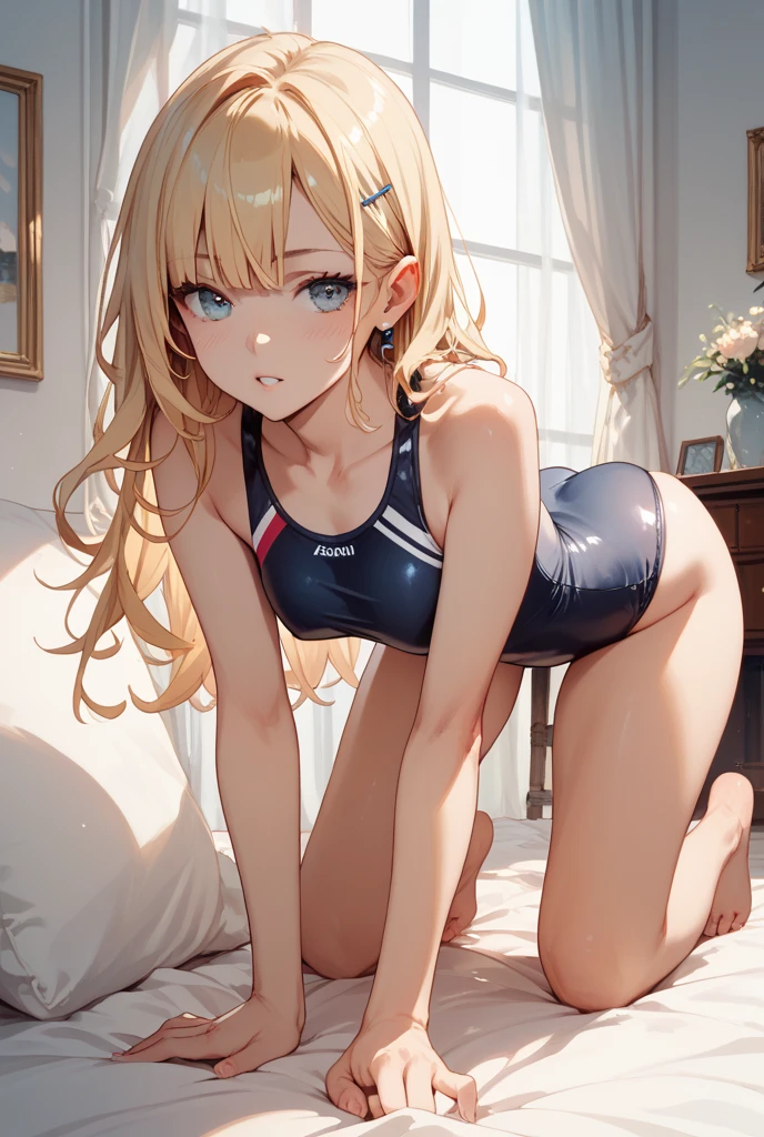 top-quality、Full limbs、complete fingers、Slender beauty、knee high、White school swimsuit、ssmile、Small eyes、Bedrooms、Hotel