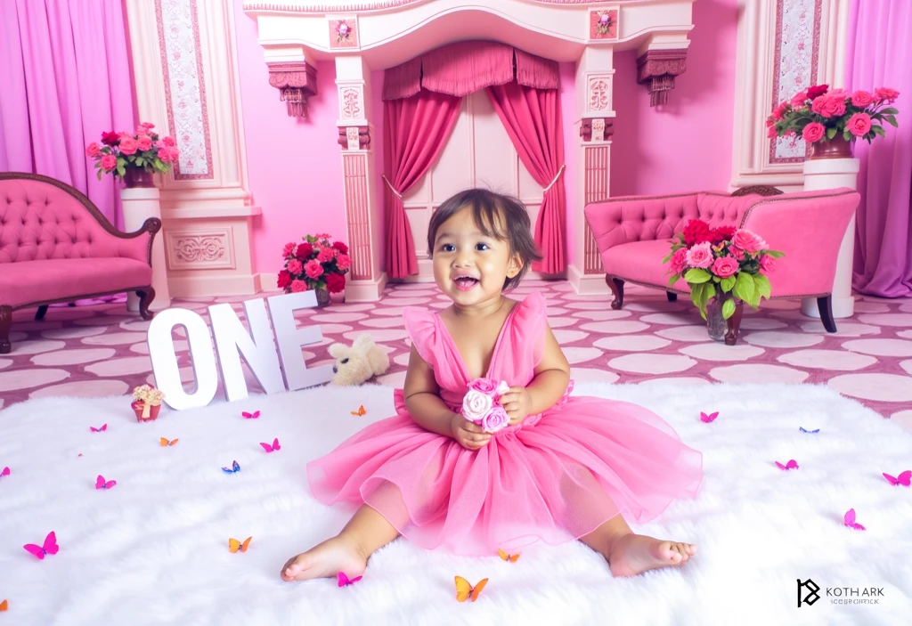 A highly detailed ultra realistic photography of filipina 5 years old baby girl dressed by a barbie gown in a background of birthday with barbie balloons and cake infront.