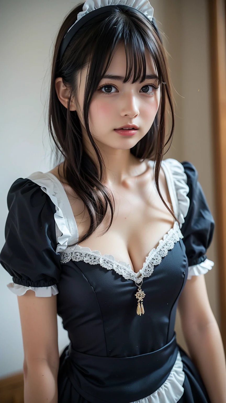 "High quality and high resolution，Masterpiece-quality hyper-detailed illustration，Sexy maid costume，beautiful countenance，Perfect for oily skin，[Realisticstyle：1.4]，staring right into camera。