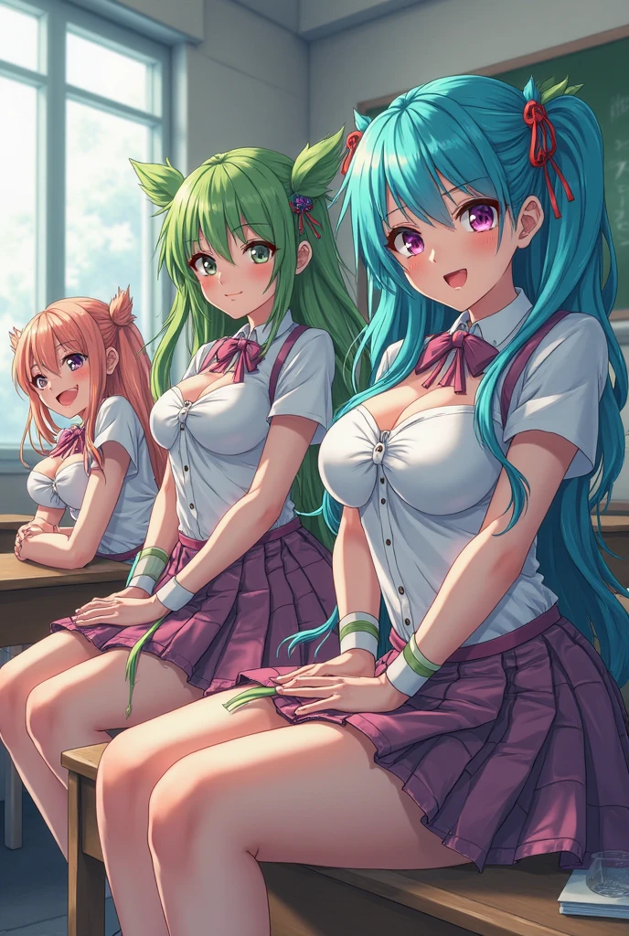 Angle from above、girls sandwich、Two girls are depicted、colorful hair、beautiful girl、highest quality、embarrassing smile、beautiful girl、masterpiece、High-definition images、The belly button is visible、Nurse Uniform、cleavage exposure、Thigh emphasis、classroom、25 years old、underwear is visible、pleated lender body shape、My arms are grabbed from behind