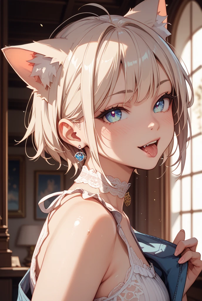 Best image quality, 4K, masterpiece, Teenager, White and soft fur skin, Blond droopy short hair, blue eyes, Green and slightly mature, Cute and soft, young, Sacred Eye, Beautiful Hair, View Lens, smile, Delicate facial features, Portraiture, Face enlargement, Above the shoulders, Cute feeling, Excellent posture for capturing the scenery, Portraiture, close-up, bridal night, bride boy, night hotel, glance up, naked bridal translucent wear, translucent negligee, skyscraper, beautiful contrast of night and light