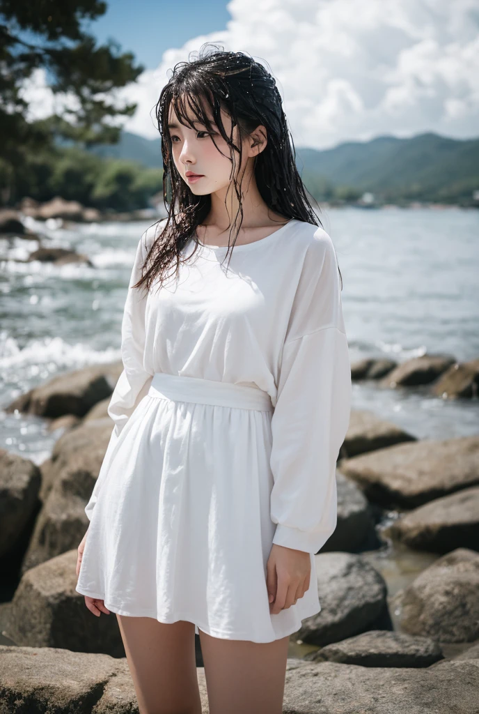(Masterpiece, Superb work,4K 分辨率, Ultra-realistic:1.3),Girl posing for photo in white shirt and pleated skirt，(A half body:1.2)，Slim body，(medium chest circumference)，Slim girl model，24 years old female model，(Have by the sea:1.3)，Soft light，Detailed background,Coordinated body proportions，facial closeups，well detailed face，(white  shirt:1.3)，(pleatedskirt:1.3)，Superskirt，(White panties 1.2)，