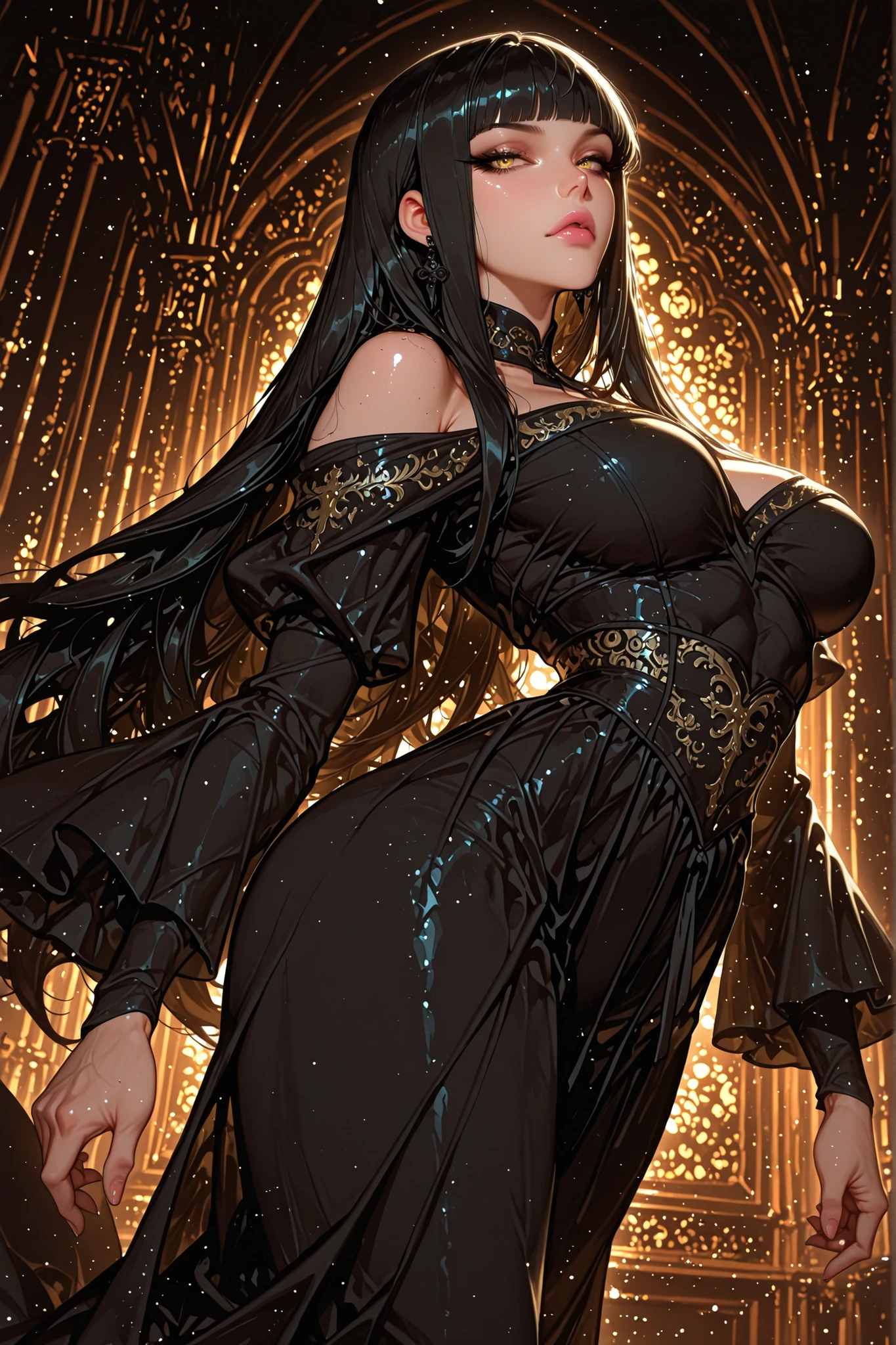 Young woman, adult female, medium plus sized breasts, slender figure, mature women, mature woman, 1girl, pink lips, calm gaze, golden eyes, black eyeliner, black hair(hime-cut), black earrings, medium plus sized breasts, toned body, very long hair, straight hair,black velvet gown(off-shoulder sleeves, golden embroidery), looking at viewer,full body, mansion dinner hall background, motion blur, dynamic pose, dynamic composition, masterpiece, best quality, dynamic angle, high quality, amazing quality, very aesthetic, absurdres, newest