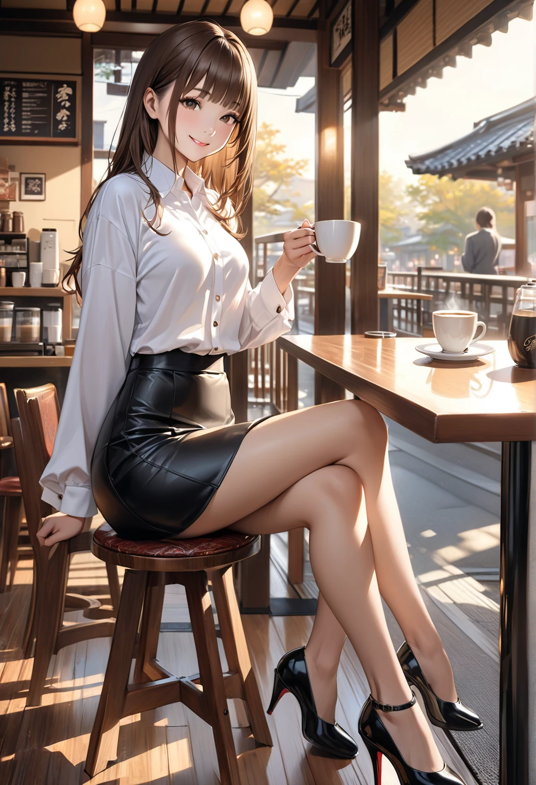 work of art, 8K, style of art by shaman240, very highly detailed face, detailed clothing, detailed fabric, 1 girl, beautiful face, asymmetrical long hair, hair light blue, breasts big, slim, thick-thighs, wearing beautiful winter clothes, peencil leather mini skirt, Dior thigh high boots ,very detailed blue cat eyes, sitting on a stool inside a modern cafe, holding a phone, cute smile, sunny winter scenery, full body view, happy expression,