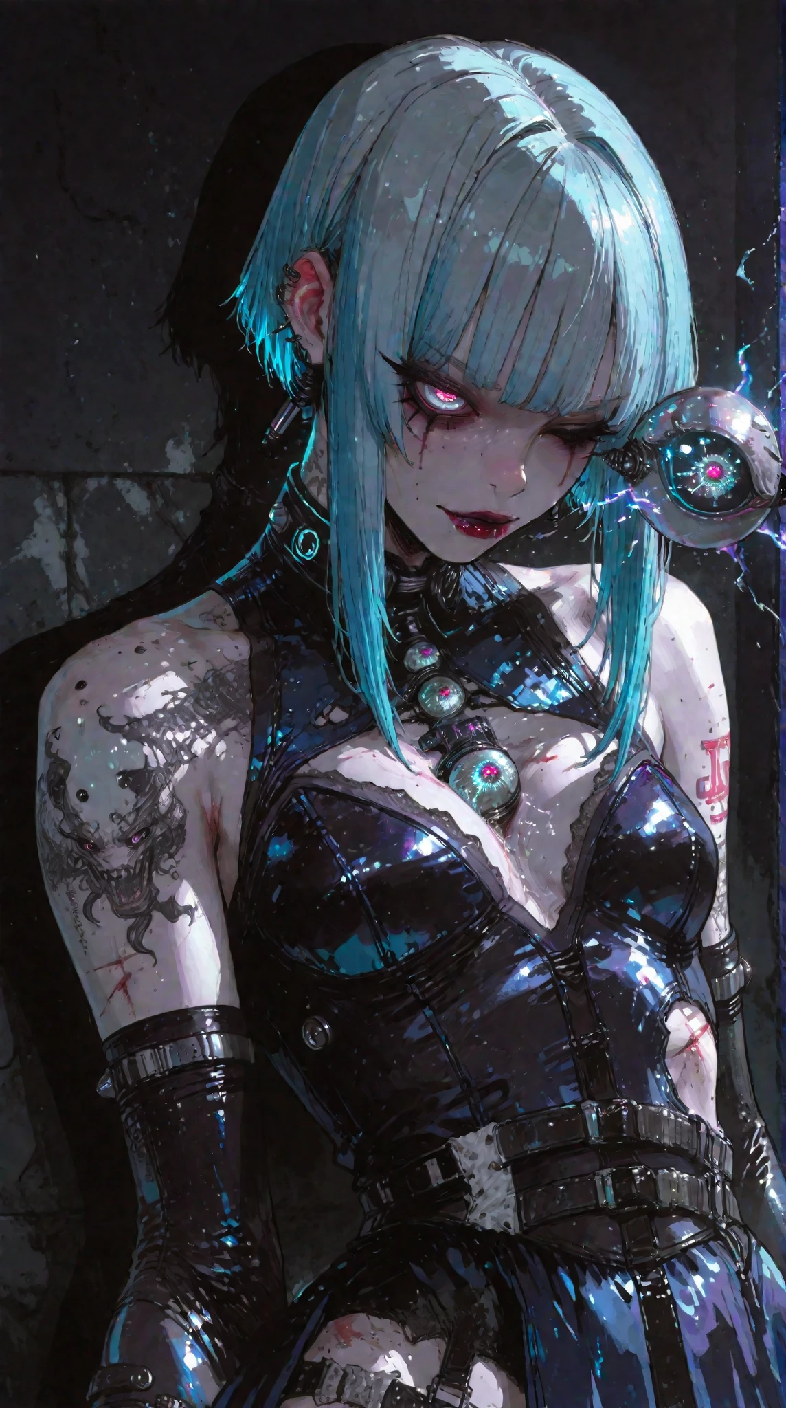 a black and white drawing of a girl with blue hair, scary detailed art in color, ripped clothing, buck teeth, kawaii colors, tattered ragged gothic dress, vomit, wearing a black!! t - shirt, techno, ager girl, full art, opened mouth, cut