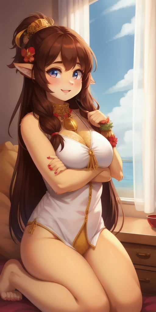 long hair, black hair, medium breast, slim legs, nervous, white gown, cleavage, arabian belly dancer , skirt, rin tohsaka, twin tail, navel, garden, night, sitting, blue eyes