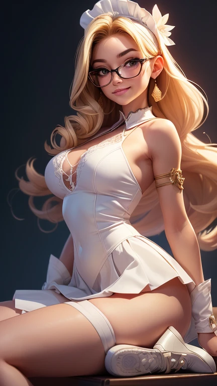 One girl, solo, Big round breasts, clevage, curvy body, realistic, white blonde hair, streaky hair, light green eyes, amazing big eyes, eye details, eyebrow details, crop top, skirt, big lips, blush, smirk, HD