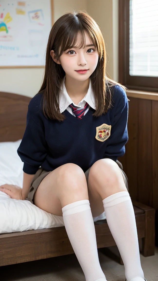 (masterpiece:1.2), Japanese, (14 years old), (a girl),  room, ((school uniform)), thighs, bedroom, hair bun, 
