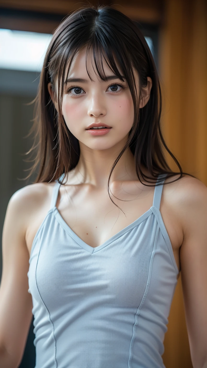 masterpiece, highest quality, 8k, 20th generation, Big Breasts, cute, alone, sad, cute, Girlish, Delicate girl, Pure beauty,  RAW Photos, Professional photography, Portraiture, Soft Light, Professional Lighting, Backlight, Upper Body, avert your eyes, Sophisticated, Film Grain, (Eye and facial details:1.0), floating short hair, beautiful, Flowing Hair, bangs, Loose Camisole、(Big Breasts:1.2)、A little bit of cleavage is visible、dolly make、Heterochromia iridis