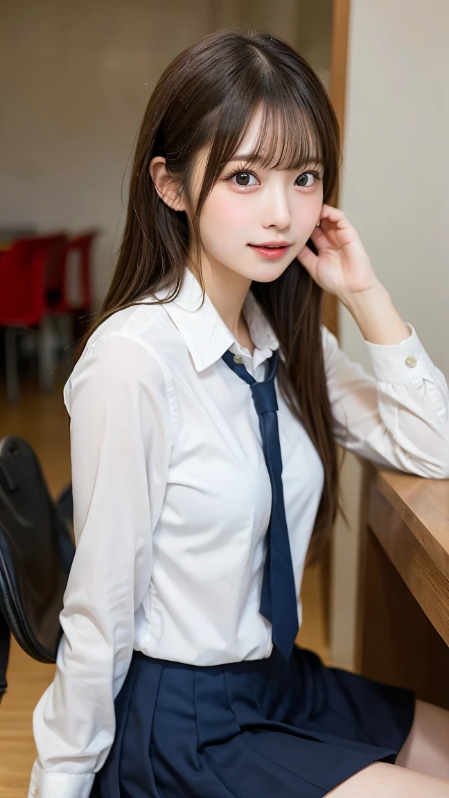 ((highest quality、Masterpiece、High resolution))、(((Zoom photo of upper body))、(A shy smile:1.2)、Light shines in、One 15-year-old female、Beautiful Skin、Beautiful Eyes、Large Breasts、shirt、tie、Black Hair、Trimmed bangs、Wavy Hair