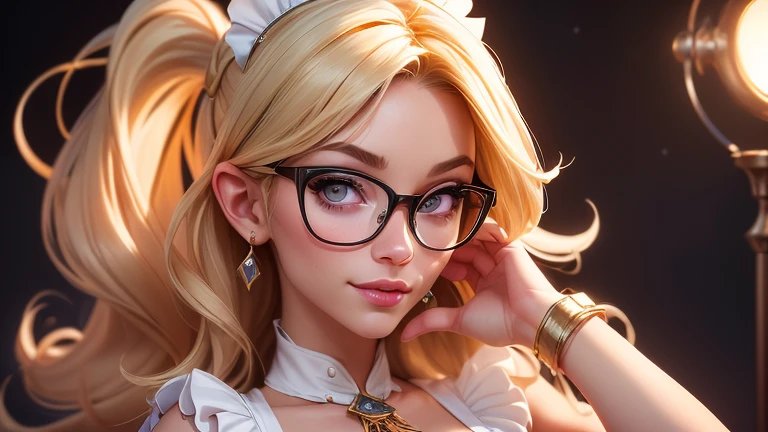 ultra detailed 8k cg, super model, super idol, perfect face, beautiful face, from side、from behind、on all fours,(masterpiece, best quality:1.4), absurdres, highres, ultra detailed, beautiful, 1girl, (maid), (perfect face, detailed face, beautiful:1.3), (blue eyes, glasses, golden hair, bangs, hair intakes, long hair), (natural breasts, cleavage), collarbone, fingerless gloves, gloves,spaghetti strap top, black pencil skirt, tight, over the knee skirt, hat, elegant maid outfit, thighhighs, thick thighs, thighs, multiple belts, More detailed 8K.motor irreal:1.4,UHD,La mejor calidad:1.4, fotorrealista:1.4, textura de la piel:1.4, obra maestra:1.8,obra-prima, mejor calidad,objeto Objeto], (detailed face features:1.3),(manos detailed)