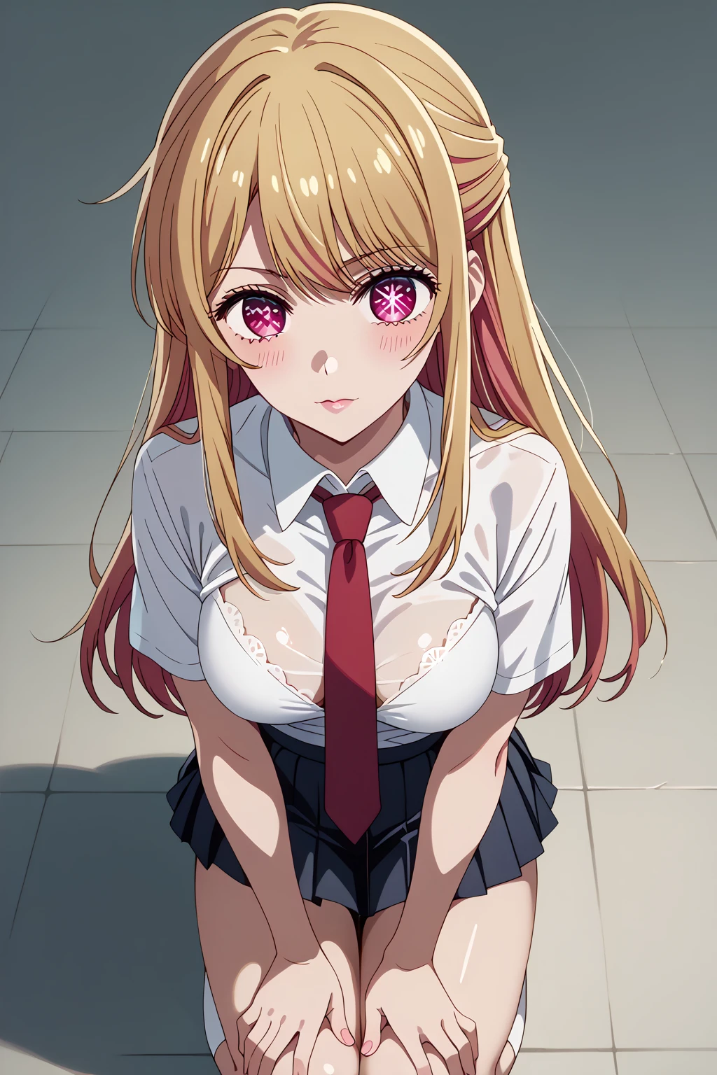 (Day),Simple white background, kiss face blowing a kiss glossy looking very very angry at you for looking at her boob ,Wipe Stand still, 
choker, clavicle,Green tie and shirt,, Collared shirt,
ring,jewelry,
red eye,bangs, Blonde,Long Hair,
1 girl, 20-year-old,young woman,beautiful Finger,beautiful long legs,beautiful body,beautiful Nose,beautiful character design, perfect eye, perfect face,expressive eye,Perfect balance,
View your viewers,(Focus on her face),Mouth closed, (Innocent_big_eye:1.0),Light_笑face,
Official Art,Very detailed CG ユニティ 8k 壁紙, Perfect lighting,colorful, bright_front_face_Lighting,Glowing Skin, 
(masterpiece:1.0),(Highest_quality:1.0), 超High resolution,4K,Very detailed,
photograph, 8k, High resolution, High resolution, Absurd:1.2, 400 for Kodak Port, Film Grain, Blurred Background, Bokeh:1.2, Lens flare, (Vibrant_color:1.2),プロのphotograph, 
(beautiful,big_chest:1.4), (beautiful_face:1.5),(narrow_Waist),