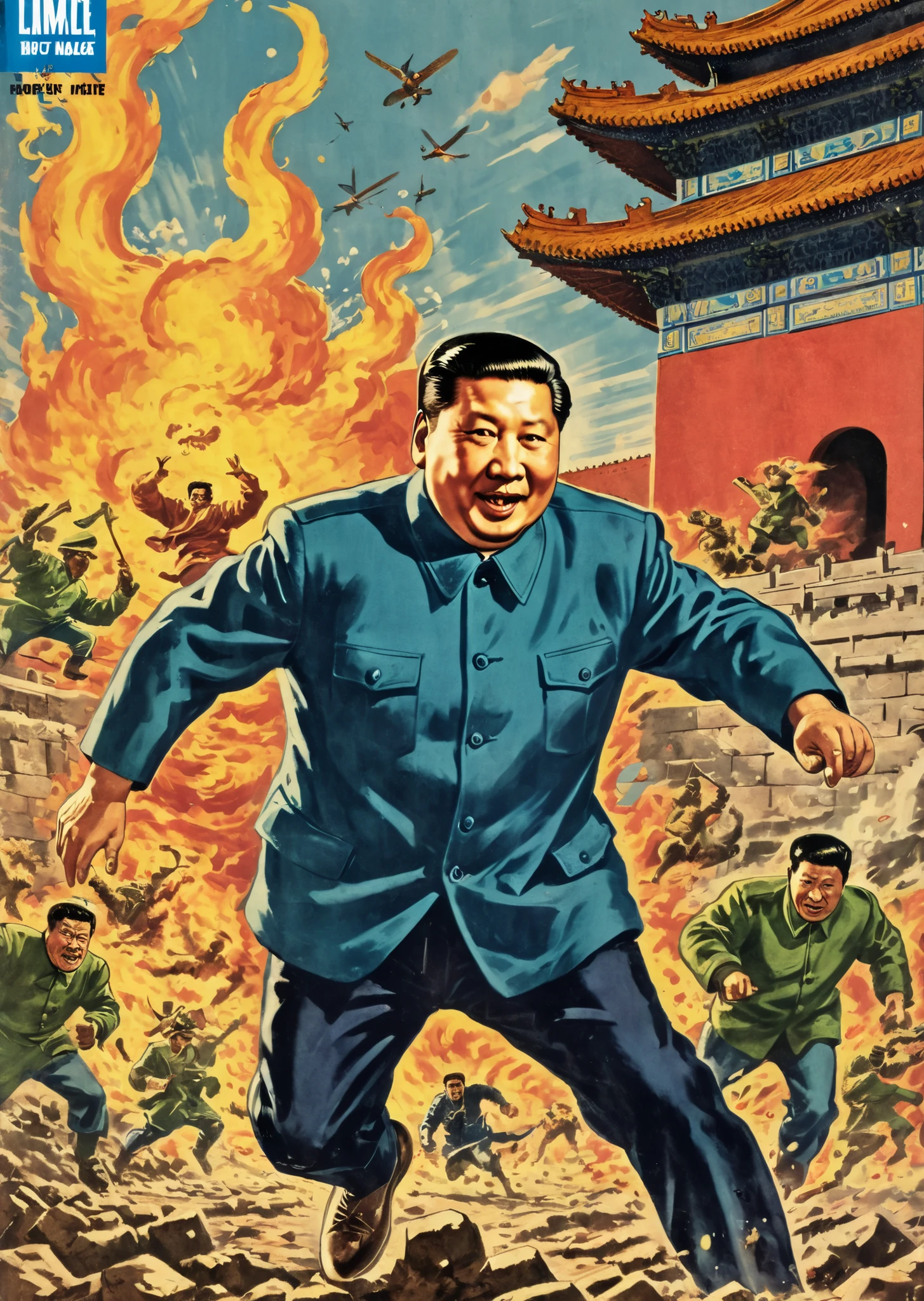 Vintage comic book cover illustration of cool ?????????? exiting manically over the Forbidden City with arsoning foreign peoples, frisk, vintage dirt, dirt of aging,