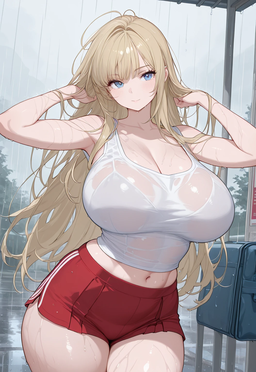 (masterpiece), (best quality), photorealism, realistic, ultra detailed, 8k resolution, ((1girl), solo)), beautiful face, mature face, looking at viewer, (from front), mature woman, sexy pose, green eyes, seductive, embarassed, blush, scared, glossy lips, very long blonde hair, pointy ears, blunt bangs, curvy, ((huge breasts)), wide hips, thick thighs, plump, sweaty, wet skin, wet shirt, white sleeveless top, midriff, skirt, forest,