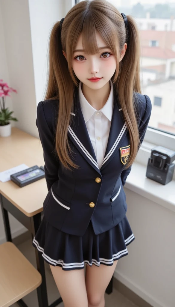 ((Realistic lighting, best qualtiy, 16k, tmasterpiece:1.3)), sharp fokus:1.2, young 17 years old,Beautiful Women with Perfect Figure:1.4, Slim abs:1.1, ((dark brown hair)), (Blue flight attendant suit,Blue flight attendant hat:1.4),(Plain background:1.1),squatting pose,Nice looking high heels,Ultra-fine face,Fine eyes,二重まぶた, White legs