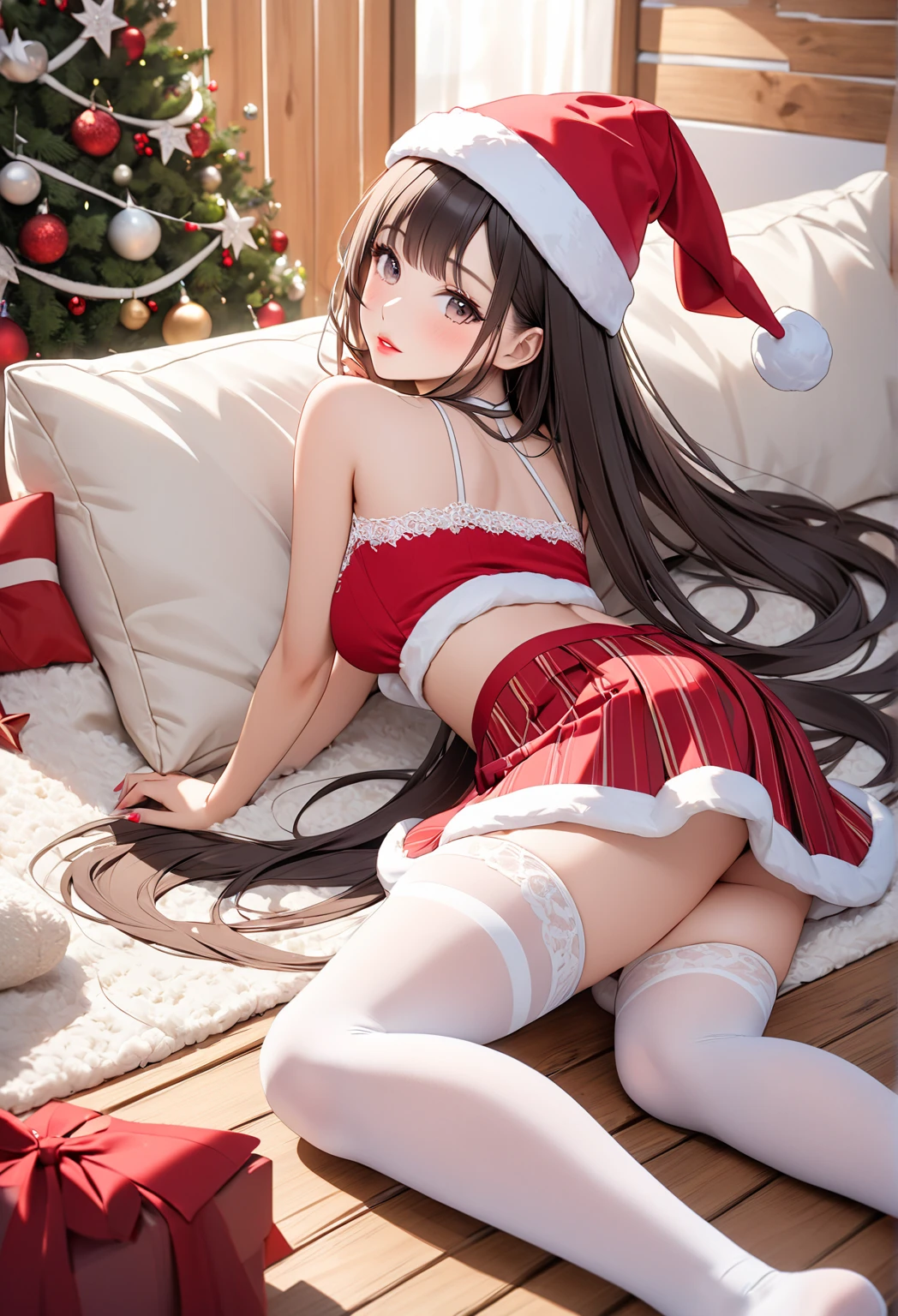 (((open clothes:1.3,areola,bare breasts:1.4,bare nether region:1.5,bare navel,unclad))),photo realistic,in 8K,masterpiece,dynamic angle,acrobatic posing,professional lighting,high quality,high resolution,detailed background,18yo:1.2,detailed black eyes:1.1,best hands:1.2,facing forward,pefect anatomy,correct anatomy,character focus,(1 cute girls:1.2,public hair:1.6,small chest:1.3,long sleeve santa costume with ribbon:1.2),(wearing knee socks:1.3),(Inside crowded coffee shop:1.5,counter table,cake:1.3,sit on a chair:1.2,spread legs wide:1.5,christmas tree:1.1),slim,skinny,santa cap,shorty,small body,tiny,skinny,slim,black long straight hair:1.1,blunt bangn:1.1,glistening skin,having fun,smile,