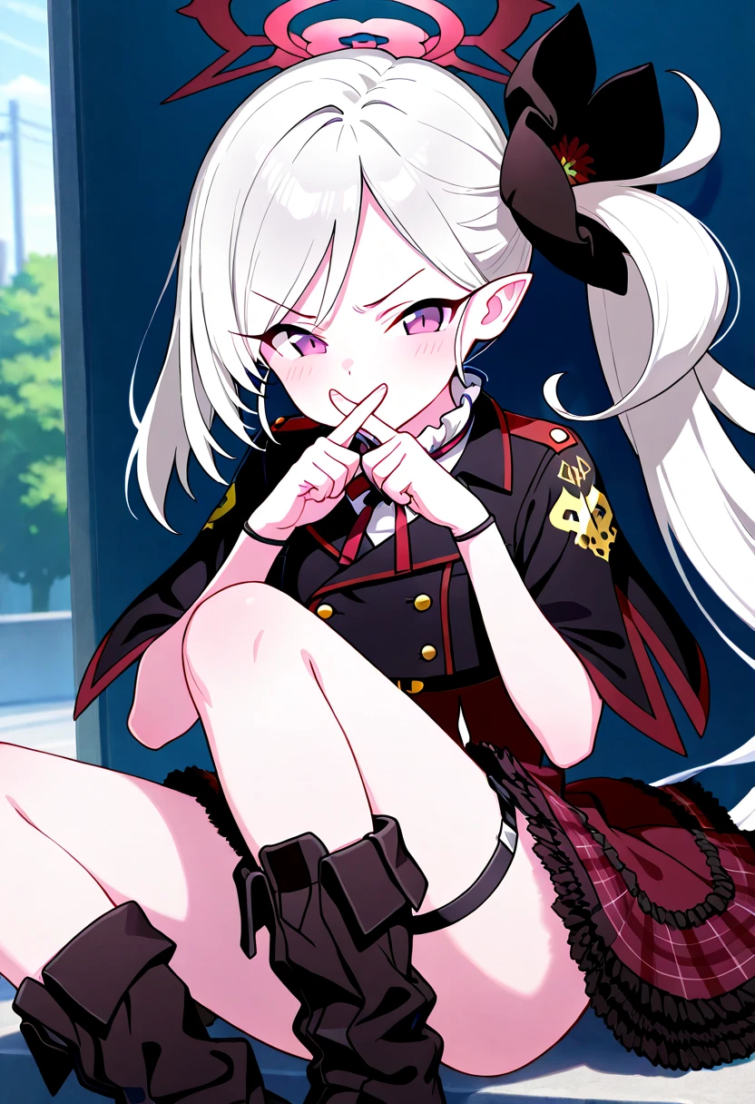 (masterpiece: 1.2, highest quality), (The true picture, Intricate details), 1. woman, Very slim figure, Small hips, Long Hair, Minimal makeup, Detailed face, Her hair is very long、bangs, Hair between the eyes, Small Ass, clothing, Detailed face,Side Ponytail,Black scrunchie,Shiny thin silver hair,18-year-old,Blue Archive of Game Works, Light yellow Mutsuki,,(((legs up))),Leaking from the nipples unconsciously,cumshot,