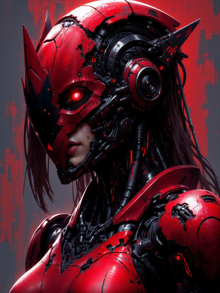 A closeup of a person with a red mask and a red skull, red biomechanical, red biomechanical details, ciborgue derretido, estilo cyberpunk horror, red demon cyberpunk symbols, bela arte digital, doom cara bonita, cara bonita da menina cyberpunk, Wojtek FUS, advanced digital cyberpunk art, menina ciborgue, Rossdraw 1. 0, Rossdraw 2. 0