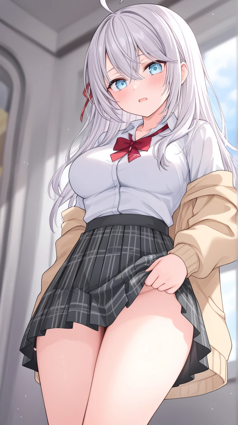 ((1 girl:1.5))、(smile:1.5)、(blush)、shirt、blouse、((fun!!))、chiralism、(small breasts)、(silver hair)、(dog ears)、(eye highlights:1.3)、Blake Black Footwear,(黒いskirt)、bow, button, 襟の付いたshirt, long sleeve,  ((red bow tie, , black jacket, open jacket, (white cardigan:1.5), 白のshirt, 黒のskirt, チェック柄のskirt、white socks)),, shirtを,, skirt, socks, thighs, 白い shirt, Rest indoors, ((classroom:1.5))、 BREAK While watching the audience、(skirtを掴む:1.5)、 (perfect hands, perfect anatomy),cowboy shot、(skirt lift:1.3), (Pull Panties)、((shaved pussy:1.5))、(skirt that rolls up:1.3)、(Highly detailed labia fully exposed:1.5)、(Photo seen from below:1.5)、light blue eyes、long hair