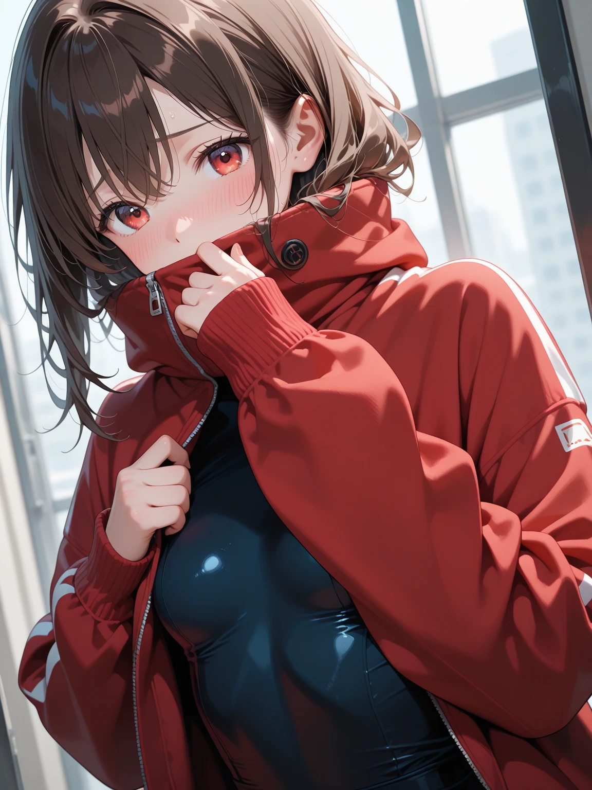 cowboy shot, <lora:Hydrasuit_project_v24:0.6> hydr45u17, hydrasuit, || competition swimsuits, one piece swimsuit, highcut, highleg, highneck, turtleneck,, ultra detailed, masterpiece, best quality,, solo, frown,
1girl, red eyes, <lora:Tsurime3:1>, (tsurime:1.2), brown hair, medium hair, asymmetrical bangs, swept bangs, parted bangs, cowlick, parted bangs, flipped hair, <lora:foldedponytail:1> foldedponytail, folded ponytail, (small breasts:1.3),
