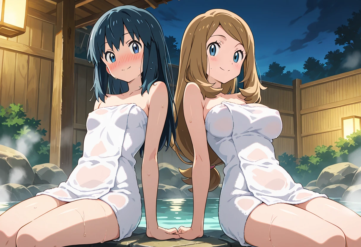 (masterpiece:1.2), best quality, (3girls), mature female, completely nude, nipples, armpits, seductive smile, pussy, pubic hair, onsen, short hair, black hair, blue eyes,