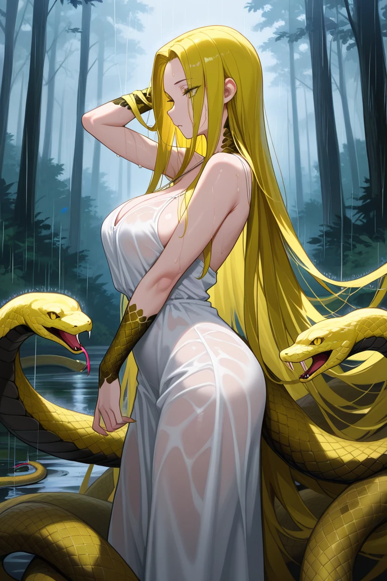 ((Highest quality)), ((masterpiece)), (detailed), （Perfect Face）、The woman is Tearju, a green-eyed, blonde, medium-long-haired woman with snakes in her hair, the snake-woman Medusa from Greek mythology.