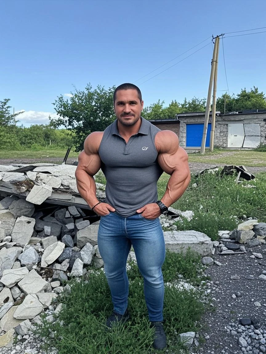 Obra maestra, mejor calidad, high resolution, retrato de primer plano, (1 chico:1.4) A man in a lumberjack suit, muscular, (descamisado: 1.2) enfoque masculino, enfocarse solo, piel bronceada, middle-aged man in lumberjack clothing, muscular, fuerte, peludo, masculino, (descamisado: 1.2), al fondo una granja, sunny day, amazing composition, hdr, volumetric lighting, (plano general, desde el frente:1.2) (GS-Macho :1.5) (magnificent landscape:1.2), cuerpo completo backside