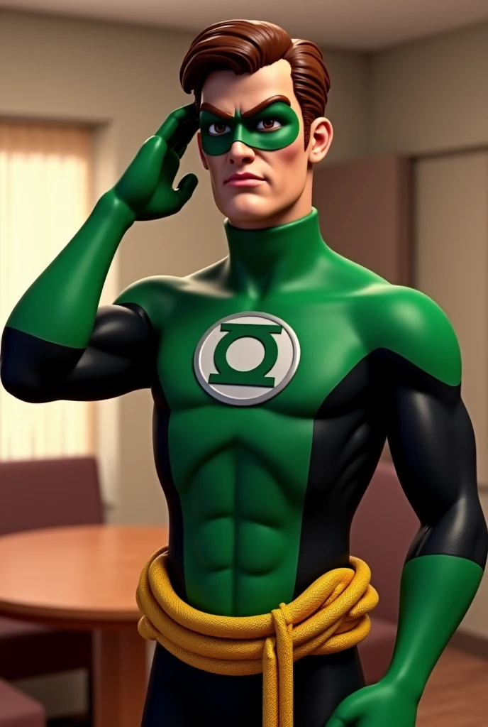 Pixar disney style. Super hero, wearing a dark green outfit, shield logo on his chest, full body, poster, black hair.