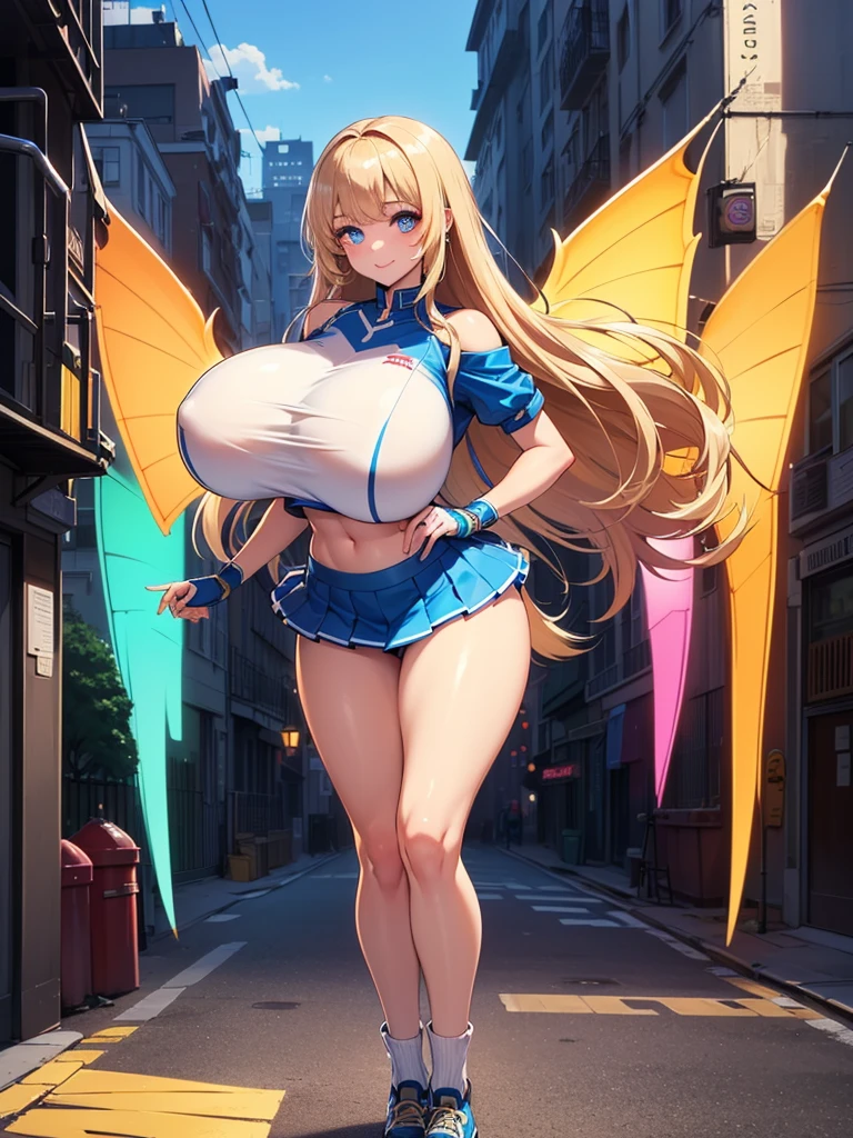 (((best quality))), ((ultra-detailed)), (((masterpiece))), (illustration), ((an extremely delicate and beautiful)), ((super detail)), ((high resolution)), (((20 years old))), metallic cloth, (cheerleader), (android), ((mechanical wings)), delicate metal decorations, gleaming skin, shiny body, two legs, breast focus, (((tall))), slender legs, ((big round eyes)), cute eyes, drooping eyes, ((adult)), two hands, five fingers, no extra hands, elegant smile, braid, medium length hair, ((metallic blue)), (see-through), (dark blonde), (((ultra-huge breasts))), (shining brightly), outdoor, mini skirt, city, daytime, ((biopunk)), erotic, seductive, (nsfw),