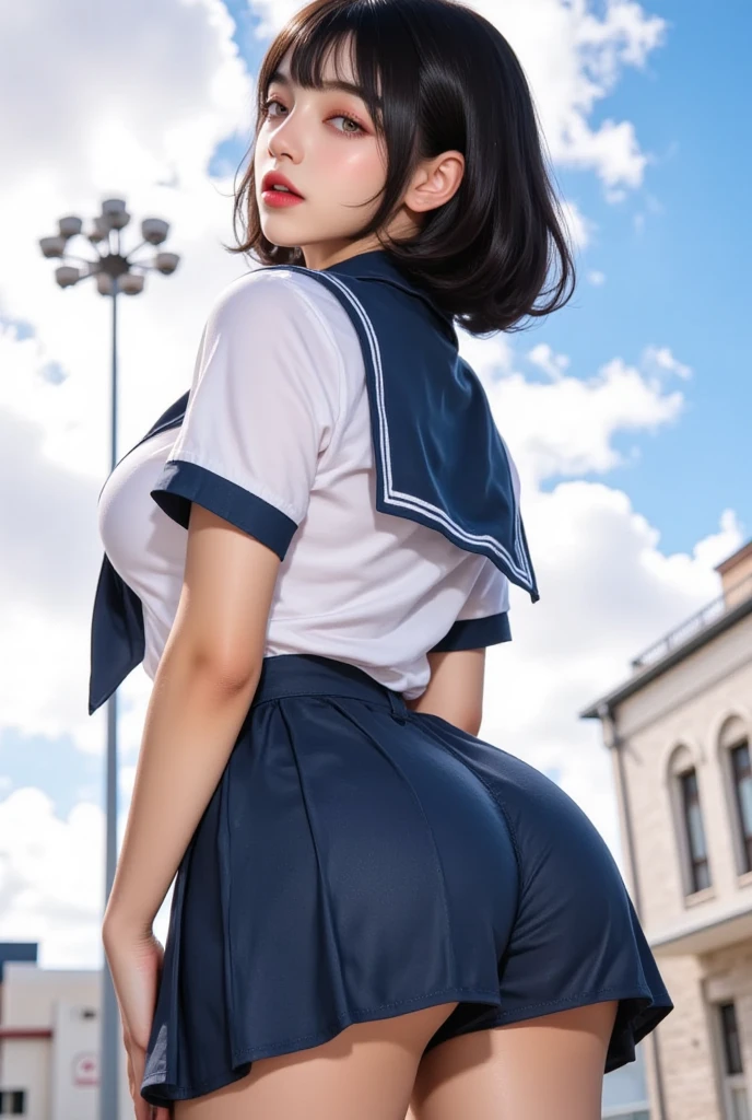(highest quality, 8k, 32k, table top, nsfw (English:1.2), (Raw photo), (realistic), (realistic:1.2), (High resolution), huge file size, super detailed, very beautiful face & eye, 1 girl, (, 13 years:1.5), infp young woman, (round and small face, thin waist, slim hips, slim proportions), (uniform), (((sailor suit))), (from below), From the back,, No panties, city at dawn ((stairs to the roof:1.3)),(((Lower body naked))),(((butt)))
