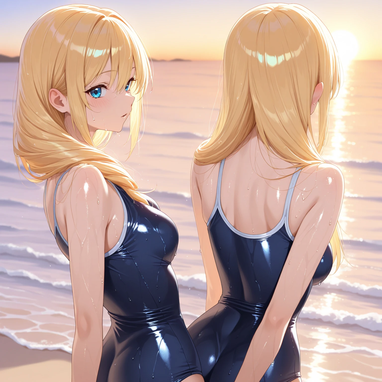 keikaruizawa, kei karuizawa, Long Hair, bangs, blunt bangs, (Purple eyes:1.1), Blonde, shirt, hair ornaments, ponytail, Scrunchie, blue Scrunchie, smile, (Blue school swimsuit), My feet are in the sea, evening, There is the first star, Outdoor Beach Background, The light of the setting sun reflects off the sea, break looking at viewer, (Cowboy Shot:1.5), break (masterpiece:1.2), Highest quality, High resolution, unity 8k wallpaper, (figure:0.8), (Beautiful attention to detail:1.6), Highly detailed face, Perfect lighting, Highly detailed CG, (Perfect hands, Perfect Anatomy), , (3D Face:1.1), (Shiny skin:1.5), (超High resolution intricate face details), (Facial skin pores:1.3), 超High resolution cloth texture, 大きなsmile、Blushing、Open your mouth, Showing off her perfect legs, Arched back:1.5, armpit:1.6, arms behind back, (Blue school swimsuit)