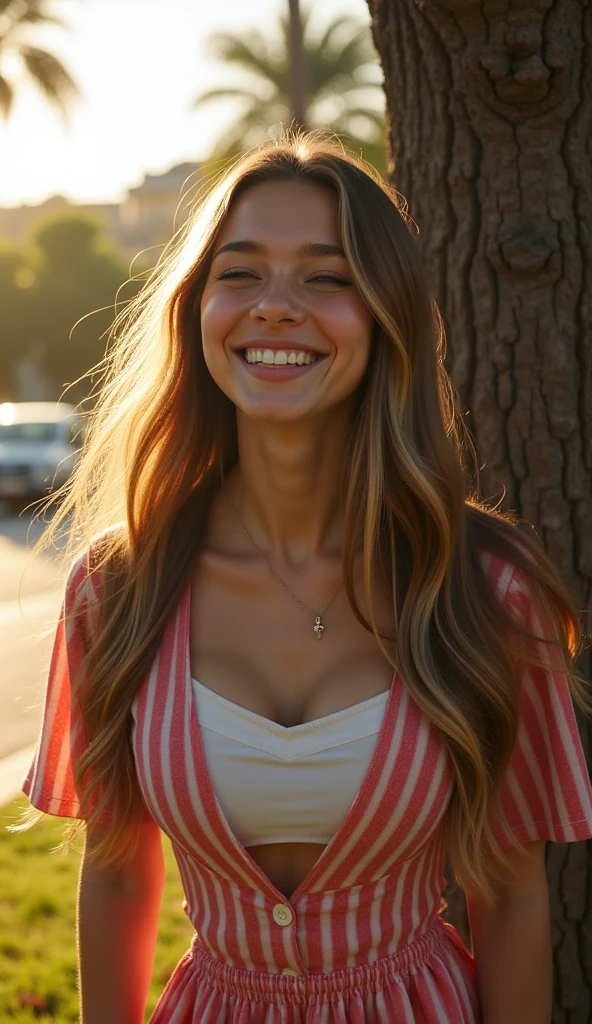 female white young teen, mouth very wide open and smiling, eyes wide open in a crazed look, long hair, wearing floral sundress, extreme skin detail, ultra realistic, 8k, wallpaper, kneeling on grass in front of house, viewed from above