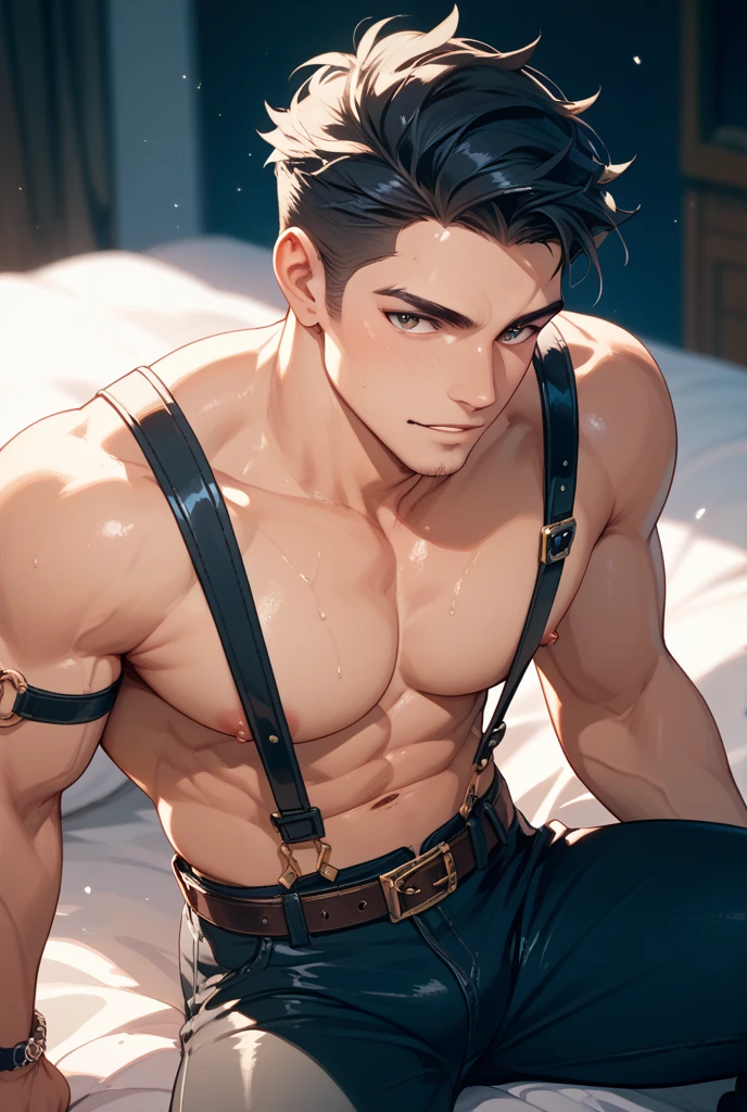 1boy, adult, handsome, perfect face, detailed eyes and face, clean shaved, sixpack realistic, white eyebrow hair, white eyelashes, dynamic lighting, unreal engine 5, hd picture, satoru gojo, white hair, short hair ,hair between eyes ,blue eyes, white skin, milk pink nipple, underwear