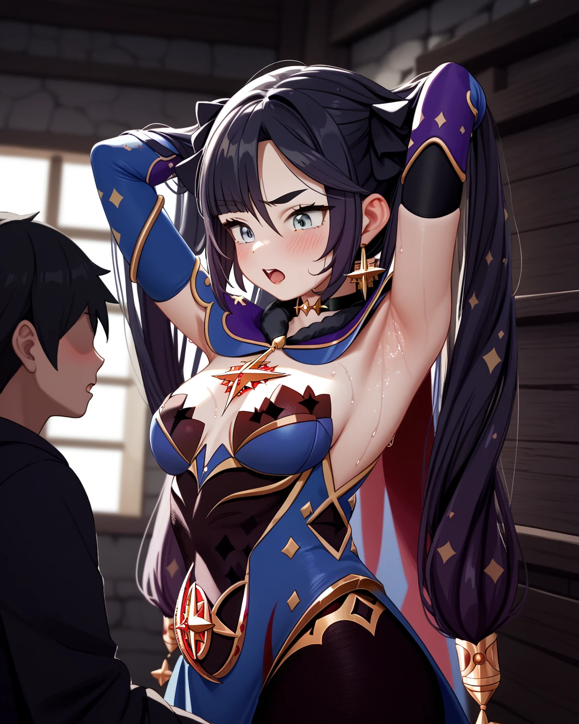Period drama manga style A 15-year-old super beautiful Chinese girl with black hair in a bun cut(1 person) She is wearing a royal long-sleeved Chinese dress She embraces the perverted old emperor while facing each other. She wraps her legs around the man's waist and holds him.