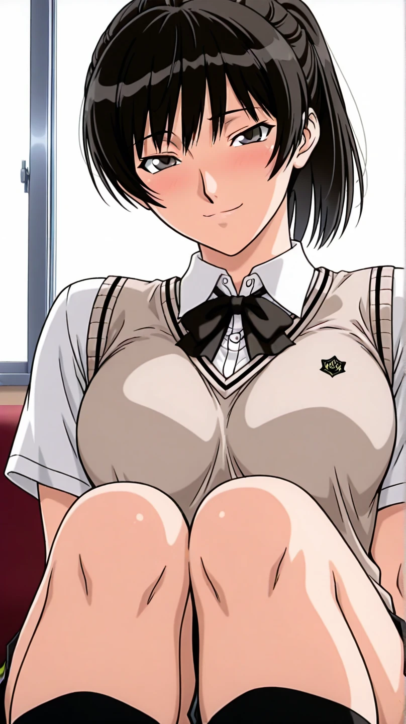 score_6_up, best quality, anime screencap, 1girl, solo, momo, long hair, bangs, black hair, ponytail, black eyes, high ponytail, wide ponytail, big breasts, blush, looking at viewer, student, bed room, blue skirt, red tie