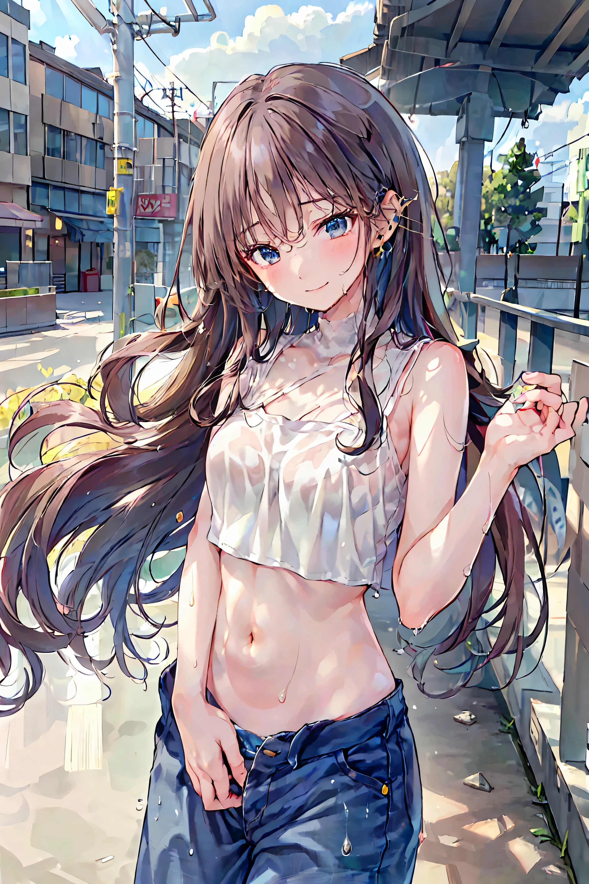 ((masterpiece,Highest quality;1.3,best illustration)),cowboy shot,1woman、25 year old beauty、独奏,((very small head:1.5)),brown hair,straight long hair,bangs,brown eyes,gorgeous eyes,blush,small breasts,((very long body:1.3)),((toned body,slender body,skinny)),gleaming skin,shiny skin,oily skin,sweat,(White tight T-shirt、denim micro shorts)、on street,Tokyo,