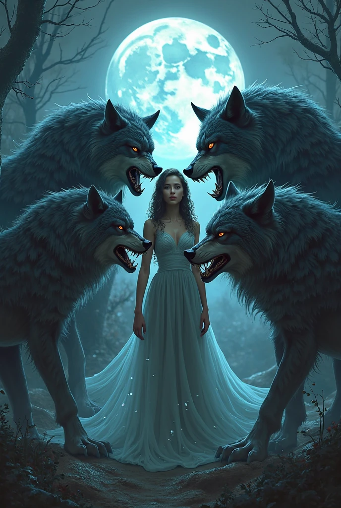 A stunningly detailed and photorealistic black and white drawing inspired by the legendary 1970s Heavy Metal comic book, created by the artist Leopold Sanchez. The scene portrays a woman standing confidently in a forest, surrounded by two menacing werewolves. The werewolves are depicted with incredible detail, showcasing their feral features and muscular forms. The woman, dressed in a flowing gown, appears fearless and alluring despite the supernatural presence. The forest in the background is rendered with a sense of depth and atmosphere, contributing to the overall haunting and mystical ambiance of the piece., painting